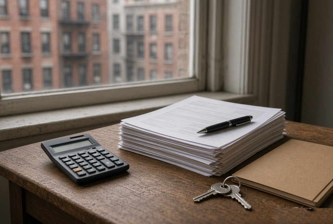 Rental application paperwork, calculator and keys on a desk by a window