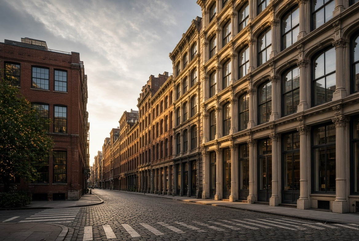 SoHo cast-iron facades and cobblestone street in low afternoon light