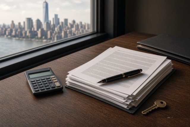 Calculator, contract stack and a single key on a desk overlooking Lower Manhattan