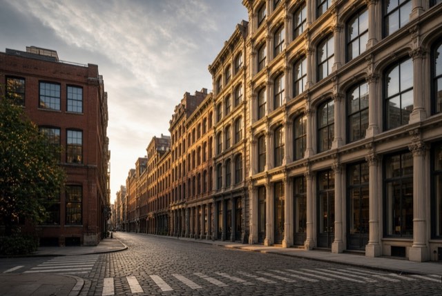 SoHo cast-iron facades and cobblestone street in low afternoon light
