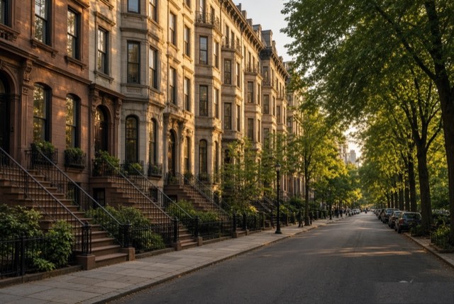 Row of Upper West Side brownstones with tall stoops on a leafy side street in early evening light