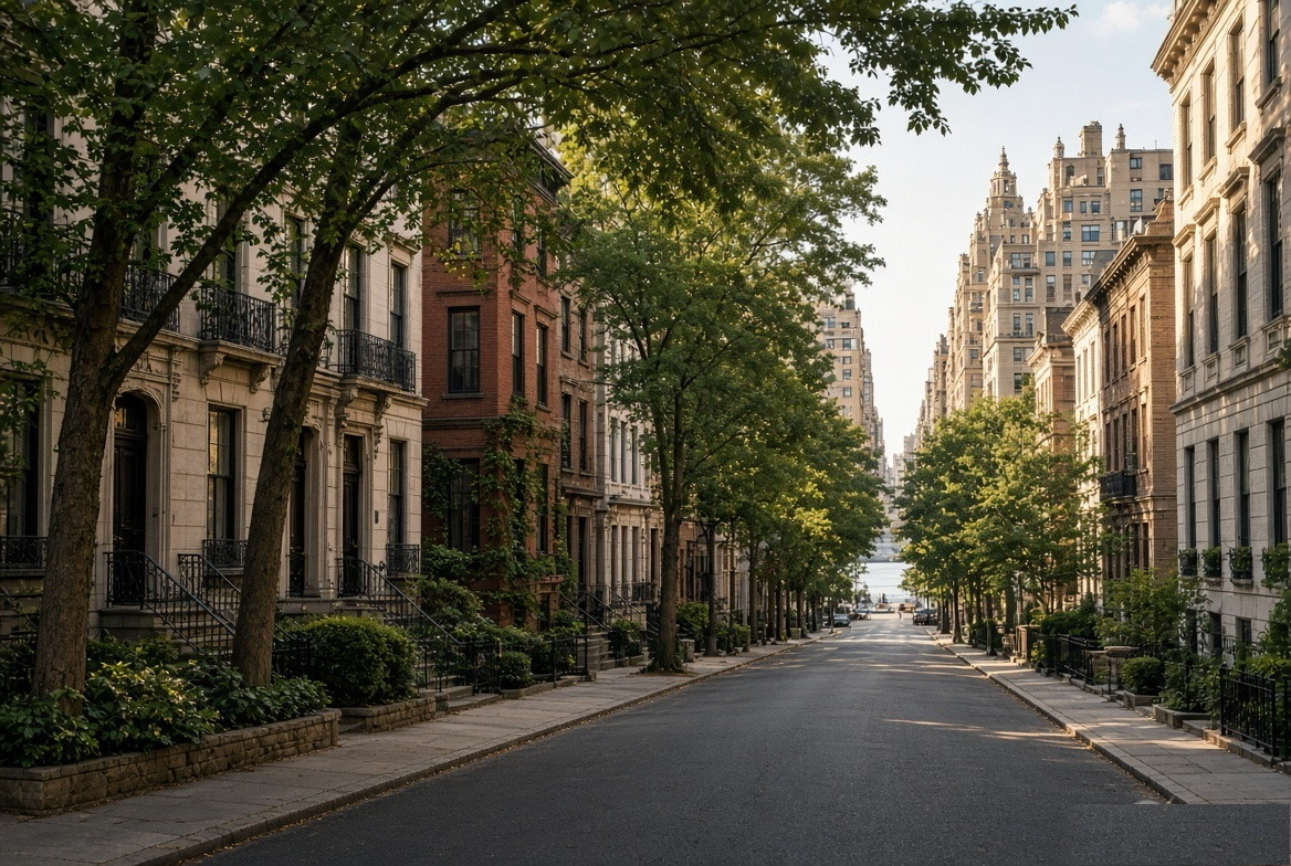 Quiet tree-lined Upper East Side street of townhouses opening toward the East River